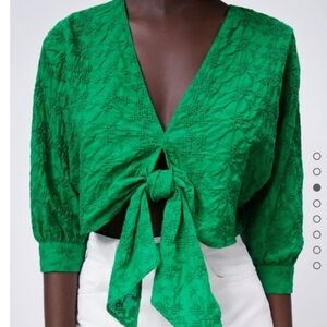 Zara Sz M Cropped Tie Front Embroidered Top Green